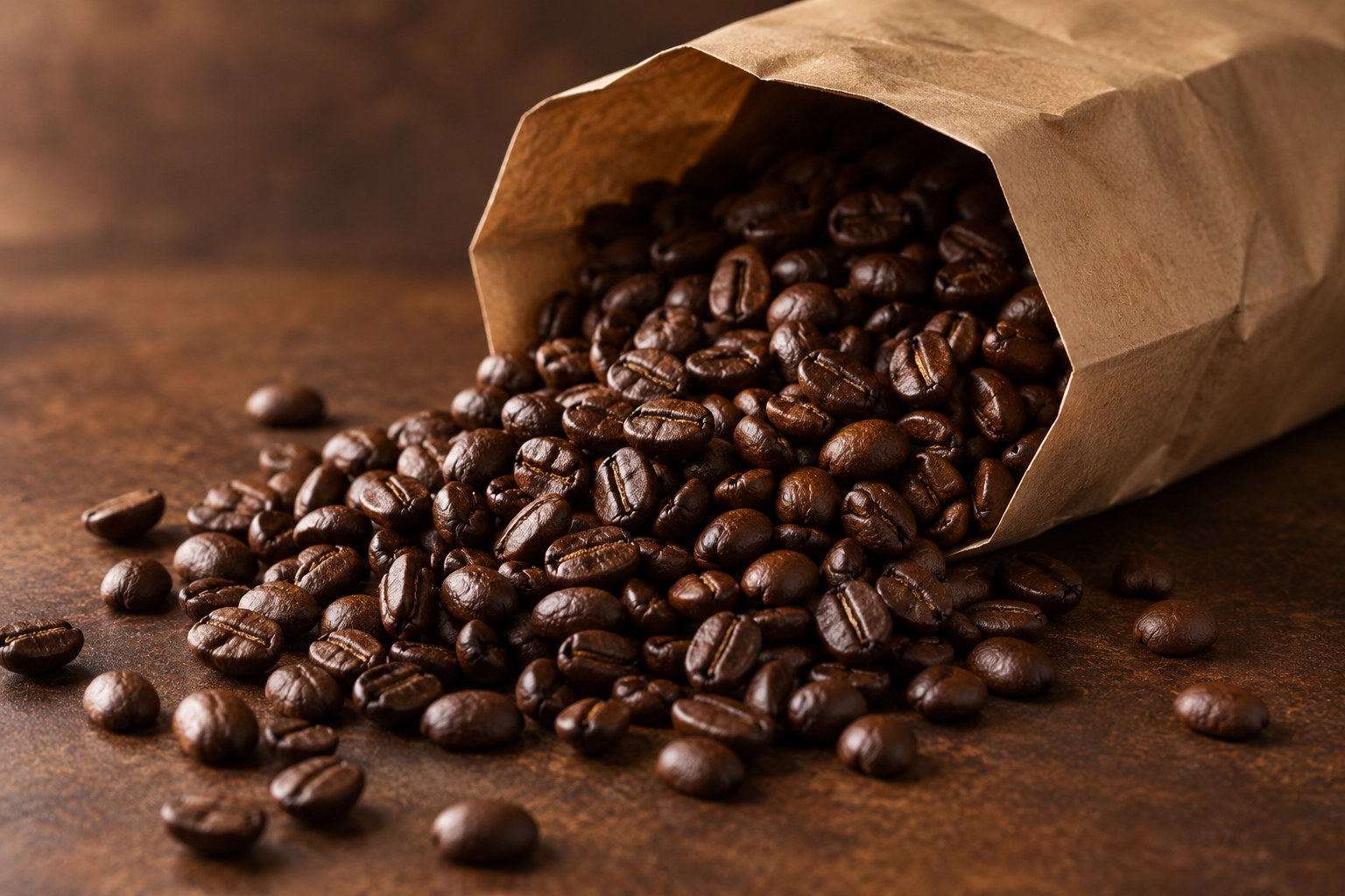Roasted coffee beans spilling from a kraft bag